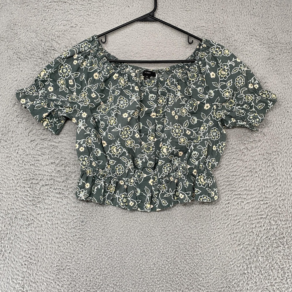 J Crew Floral Off‎ Shoulder Top Womens Medium Puff Sleeve Ruffle Hem Cotton